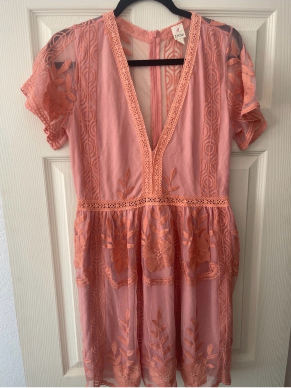 Embroidered Coral Pink V-Neck Midi Dress
